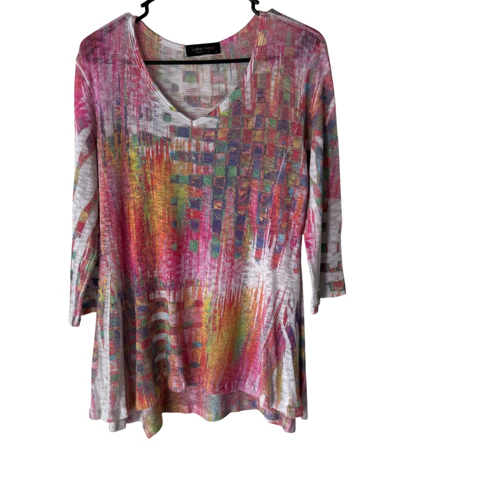 Katina Marie Boho Artsy Print V Neck‎ Tunic Top Womens S Made in USA Sheer Knit